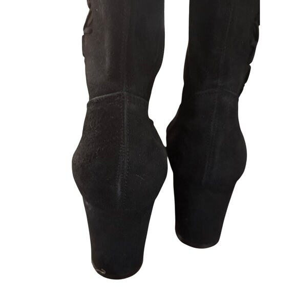 Crown Europa Navy Knee-High Suede Boots With Embroidered Detail Block Heel - Picture 12 of 12